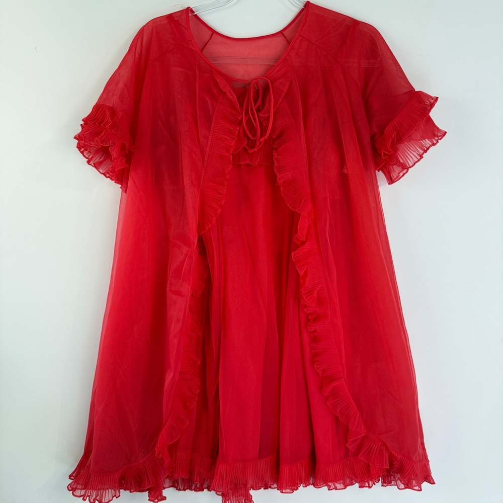 Yolande Peignoir Set Women S Red Vintage 60s Chiffon Ruffle Babydoll Robe 2pc